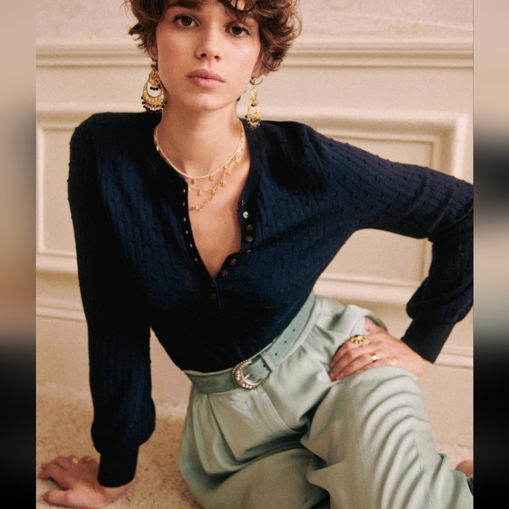 Sezane Zoe 100% Merino Wool Fancy Knit Crew Neck Jumper